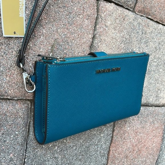 Michael Kors Large Double Zip Leather Wallet Wristlet Phone Case Lagoon - Picture 2 of 16